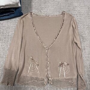 Tan Knit Cardigan with Lace Trim